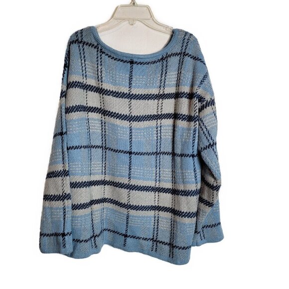 J Jill Plaid Crew Neck Oversized Sweater Cotton Relaxed Fit - sz L Petite - Picture 3 of 6